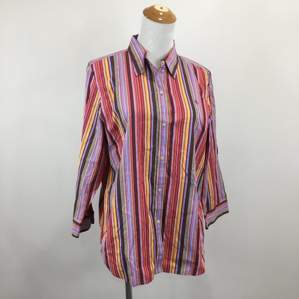 LAUREN-RALPH LAUREN Multi-Color Striped 3/4 Sleeve w Slit Logo Button Shirt